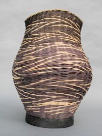 Graphite stained and lacquered cedar base, natural and hand dyed reed Shades of Grey with White Basket by Judy Goodman